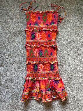 FARM RIO Vibrant Pink & Orange Tiered Smocked Maxi Dress XS